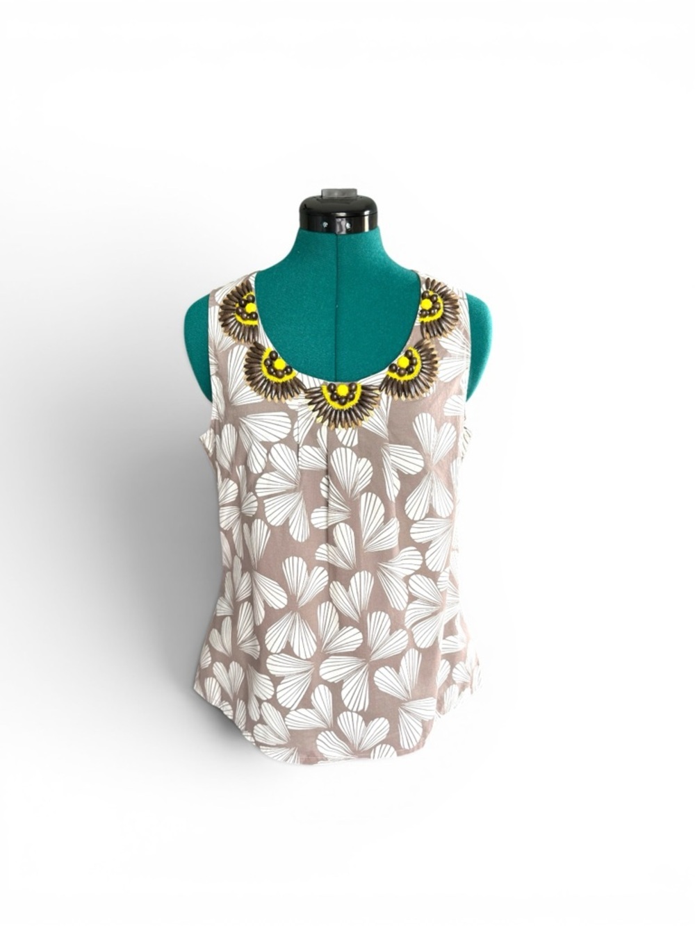 Boden Taupe Floral Sleeveless Top with Yellow Beaded Neckline - Picture 4 of 14
